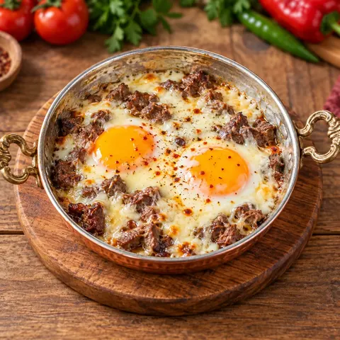 Sahanda Kavurmalı Kaşarlı Yumurta